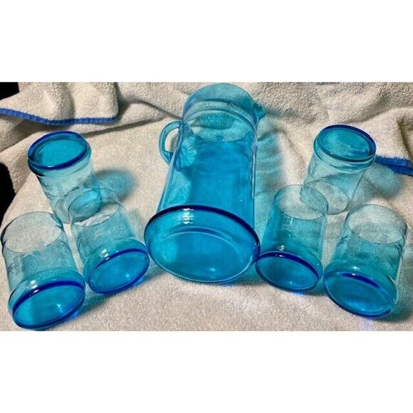 West Virginia Glass Pitcher With 6 Glasses 7 Piece Set - Bamboo Pattern Etched - Picture 7 of 9